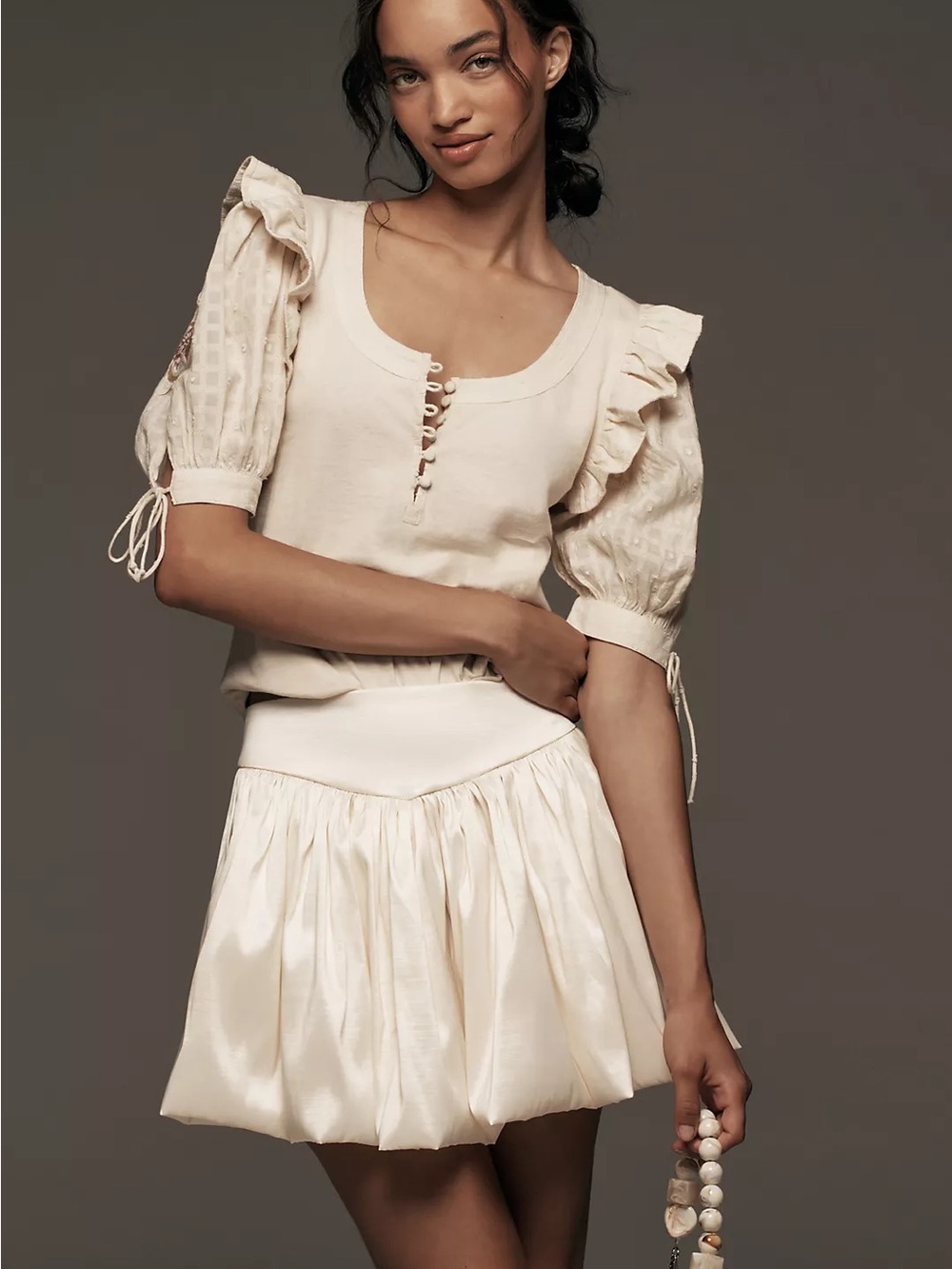 NWT Anthropologie Embroidered Puff-Sleeve Top XL Creme Eyelet Ruffle Henley - Picture 7 of 12